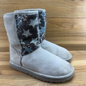 UGG Classic Short Sequin Star Womens 8 Light Gray Suede Shearling Fur Lined